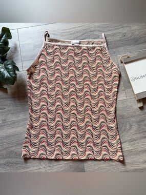 Pretty Good Vintage 90s Wavy Knit High Neck Tank Top in Beige, Rust and Black. L